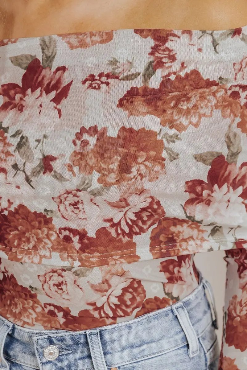 Pink Floral Printed Long Sleeve Sheath Bodysuit for Women - Love Salve